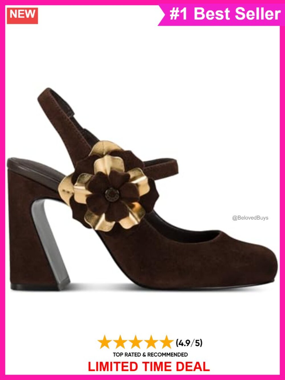 Slingback Pump with Floral Embellishment, Round Toe, Block Heel, Leather - Picture 3 of 4